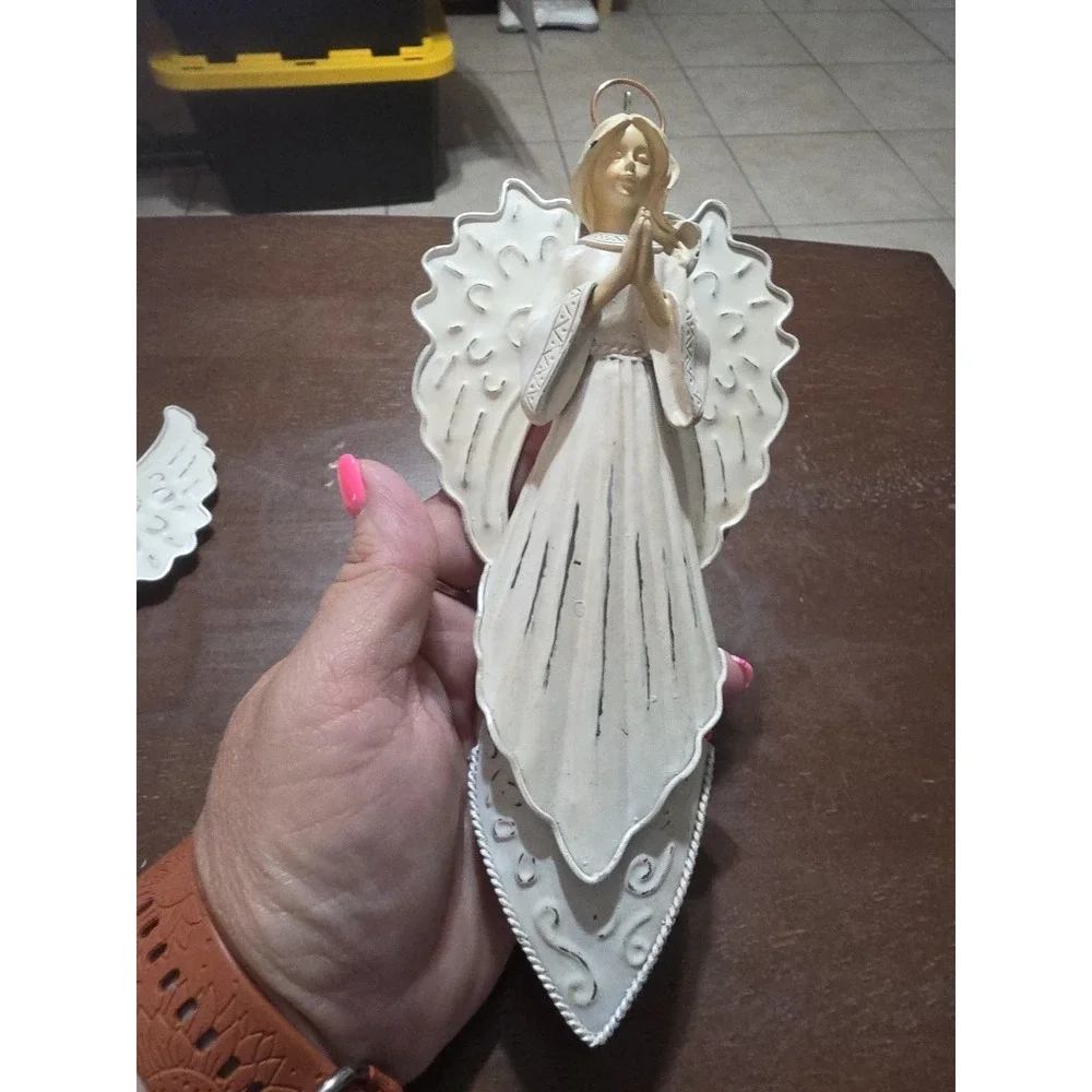 Large Set Of 2 White Color Metal Angel Ornaments. Praying And‎ Bird